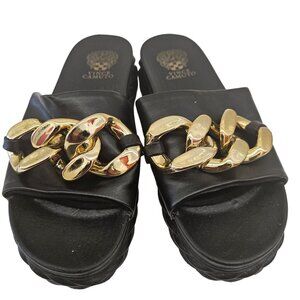 Vince Camuto Black Slides With Gold Chain Detail - Size 10